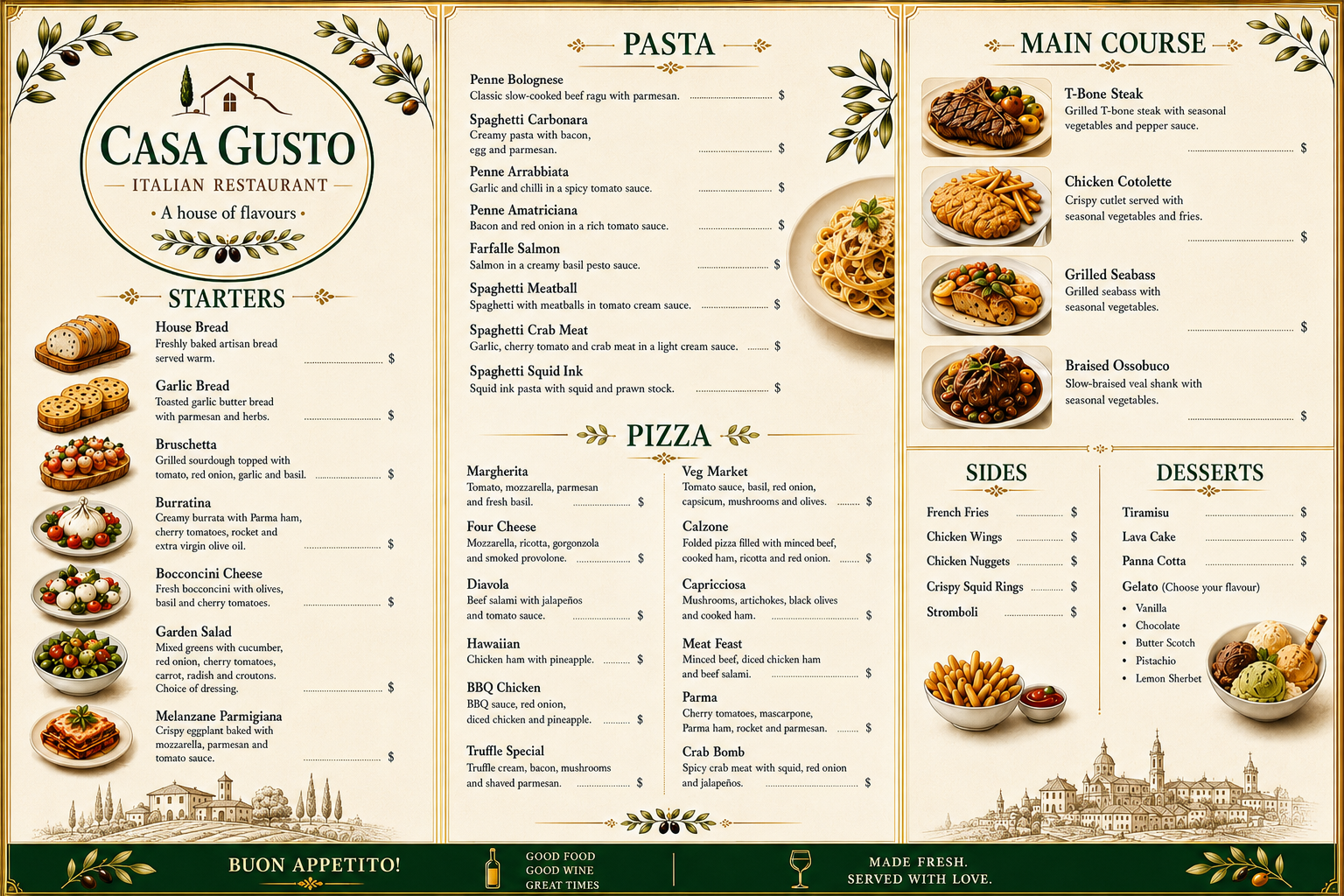 Casa Gusto Italian Restaurant Menu